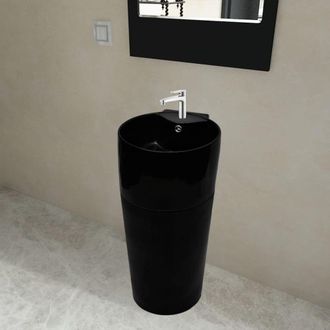 Berkfield Home Ceramic Stand Bathroom Sink Basin Faucet/Overflow Hole Black Round