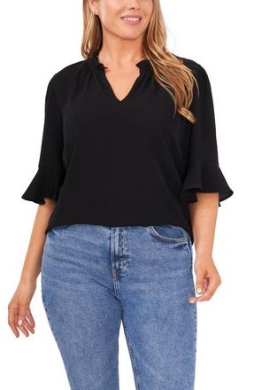CeCe by Cynthia Steffe Split Neck Blouse in Rich Black at Nordstrom, Size 1X
