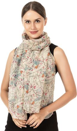 World of Shawls New Ladies Womens Celebrity Style Long Scarf Scarves Maxi Sarong (Robin Birds Cream)