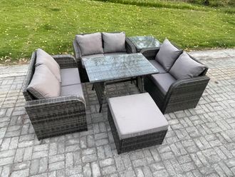 Fimous Rattan Garden Furniture Set 7 Seater Patio Outdoor Love Sofa Set with Rectangular Dining Table Big Footstool Side Table in Dark Grey