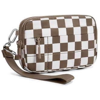Generic Crossbody Bags Wristlet Purses Wallets with 4 Zipper for Women and Girls, Handbag Holder for Credit Cards and Daily Essentials (Checkered Brown White)