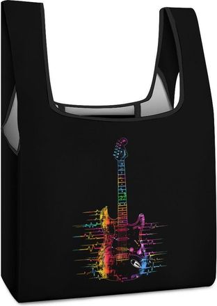 Generic Tie Dye Guitar Heartbeat Shopping Bag Reusable Grocery Tote Bag Foldable Handbag for Travel Picnic