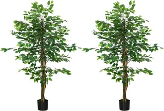 HOMCOM Pack 2 Ficus Artificiales Con Troncos Naturales 150 Cm Plantas Artificiales Con Maceta Y 882 Hojas Verde - Homcom