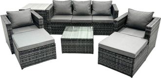 Fimous Fimous Outdoor Rattan Garden Furniture Set 7 Seater Patio Lounge Sofa Set with Armchair Square Coffee Table Side Table 2 Big Footstool Dark Grey Mixed