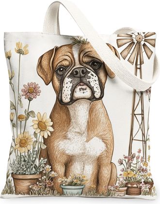 Generic Spring Boxer Dog Canvas Tote Bag for Shopping 13x15, Farmhouse Country Puppy Reusable Grocery Print Bag for Women, Farm Pet Beach Aesthetic Painting G