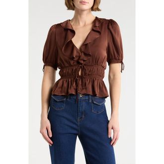 Wayf Ruffle Tie Front Top in Espresso at Nordstrom Rack, Size X-Small
