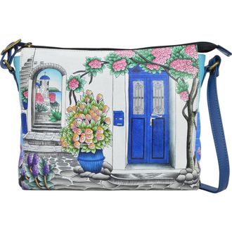 Anuschka Womens Hand-Painted Leather Slim Medium Crossbody, Magical Greece, One Size