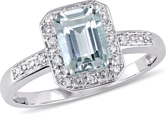 Mimi & Max Emerald Cut Aquamarine Ring with Diamonds in 10k White Gold