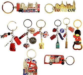 Generic London Treasures Keychain Set - 10 Unique British-Inspired Charms with Union Jack & Bottle Opener - Elegant UK Souvenir Metal Key Rings
