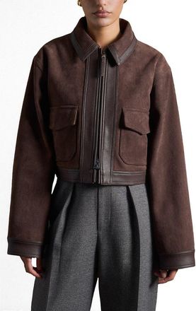 Mani&egrave;re De Voir Denise Suede & Pebbled Leather Jacket in Brown at Nordstrom, Size 12