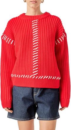 English Factory Stitch Detail Chunky Sweater in Red/White at Nordstrom, Size X-Small