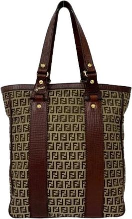 Fendi Pre-owned Zucchino Canvas Leather Tote Bag - Dames - Vintage Shopper - Bruin - ONE Size - Leer - Vintage