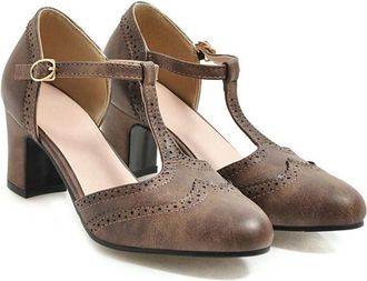 Generic Womens Chunky Heel Brogue Pumps with T-Strap for Office, Party and Formal Events,Brown,5.5 UK