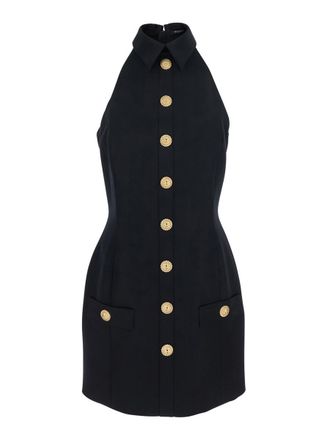 Balmain Black Dress With Pointed Collar And Logo Buttons On The Front In Wool Woman
