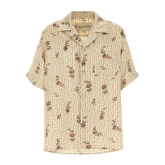 Valentino Garavani Silk Bowling Shirt With Papier Floral Print - Heren - Overhemden - Beige - Maat: L Zijde