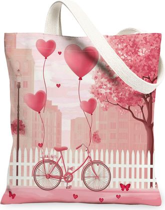 Generic Romantic Hearts Canvas Tote Bag, Vintage Floral Design Reusable Grocery Bag, Lightweight Washable Shoulder Strap Tote for Spring Outdoor Travel Picnic