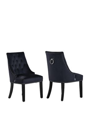 Life Interiors Set of 2 Velvet Dining Chairs Scoop Knockerback & Button Tufted, Solid Wood Legs in Black