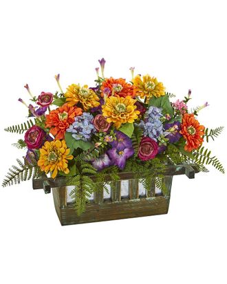 Nearly Natural Mixed Floral Artificial Arrangement In Rectangular Wood Planter