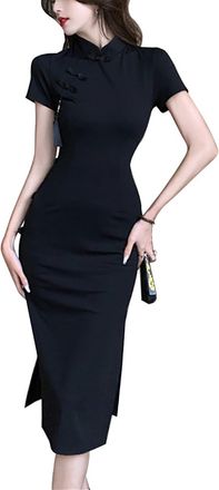 Generic Womens Short Sleeve Chinese Qipao Black High Split Bodycon Midi Dress, 325 Black, L