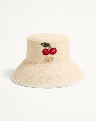 Valentino Garavani Cappello Bucket Cherryfic In Paglia Con Profilo In Pelle E Ricamo Donna NATURALE/MULTICOLOR L