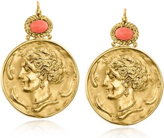 Ross-Simons Italian Tagliamonte Pink Coral Roman Portrait Drop Earrings in 18kt Gold Over Sterling