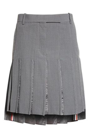 Thom Browne Pleated Low Rise Wool Seersucker Skirt in Light Grey at Nordstrom, Size 0 Us