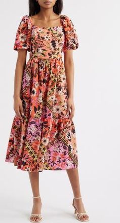 Vince Camuto Print Square Neck Puff Sleeve Maxi Dress in Coral Multi at Nordstrom Rack, Size 12