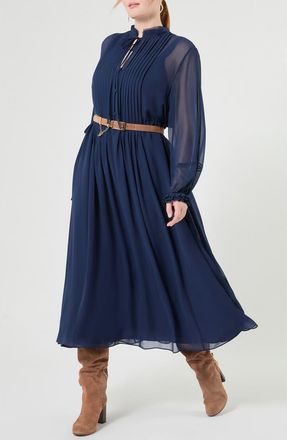 Marina Rinaldi Long Sleeve Pintuck Pleat Silk Georgette Dress in Midnight Blue at Nordstrom, Size 18W