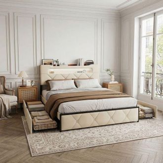 OEM Cama Doble 160x200 Cm Con Somier De Lamas, Cabecero Con Led Y Usb, 4 Cajones, Terciopelo, Cama Capitonada Para 2 Personas, Beige