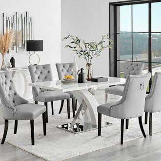 Furniturebox Atlanta 6 White Dining Table & 6 Belgravia Black Leg Chairs in Grey