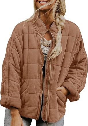Generic Ladies Casual Loose Short Winter Quilted Cotton-Padded Jacket Stand-up Collar Zipper Coat with Pockets Solid Color Jacket