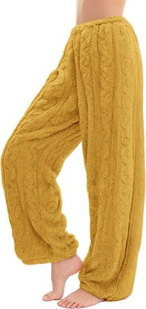 Generic Womens Flannel Pyjamas Bottoms Warm Fuzzy Long Lounge Pants Fluffy Pj Bottoms Sleep Nightwear Trousers(Yellow, M)