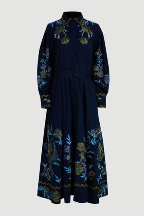Karen Millen Womens Rose Embroidered Cotton Twill Woven Shirt Dress With Eyelets - Navy - Size 12 UK