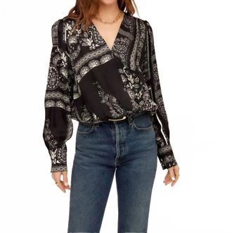 Fifteen Twenty Paisley Scarf Print V-Neck Blouson Top In Black & White
