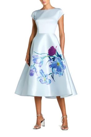 Mac Duggal Satin Cap Sleeve Midi Dress With Floral Print in Periwinkle Multi at Nordstrom, Size 18