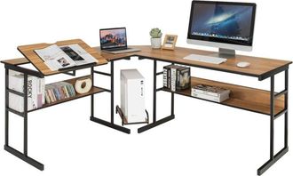 Costway Costway - Scrivania Angolare 170 cm, Scrivania per Computer ad Angolo Moderna con Piano Inclinabile, Scaffale Inferiore e Supporto per cpu, Scrivania