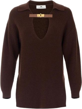 Elisabetta Franchi Regular Fit Gem&ecirc;leerde Wollen Trui - Dames - V-hals truien - Bruin - M - Wol - Truien & Vesten