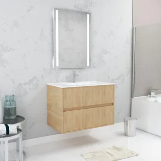 Aurlane Aurlane - Set Mobile Bagno 80cm Rovere Chiaro 2 Cassetti, Lavabo, Specchio 60x80 con luce Led integrata - xenos