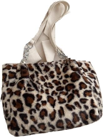 Generic Plush bag Plush bag Simple Women Leopard Tote Bag Lady Shoulder Chain Large Capacity Commuter Handle(Color 2)