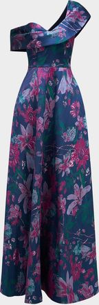 Theia Angelica Asymmetric Floral-Print Gown