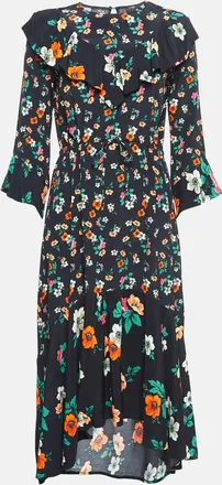 Maje Black Floral Print Crepe Ruffled Midi Dress