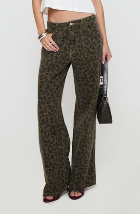 Princess Polly Briony Leopard Print Wide Leg Jeans in Brown at Nordstrom, Size 12