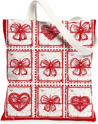 Generic Christmas Gift Canvas Tote Bags, Bow Pattern Reusable Grocery Bags, Holiday Vintage Lightweight Washable Shoulder Strap Can, Red, 13x15 Inch