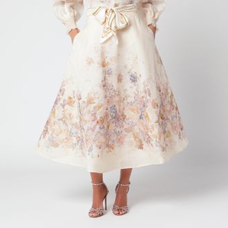 Zimmermann Ascent Cream Linen and Silk Flared Midi Skirt