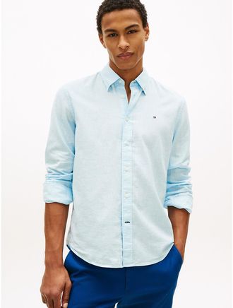 Tommy Hilfiger Mens Regular Fit Dyed Cotton-Linen Shirt - Blue - XXXL