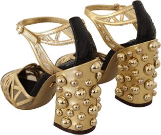 Dolce & Gabbana Womens Black Gold Leather Studded Ankle Straps Shoes