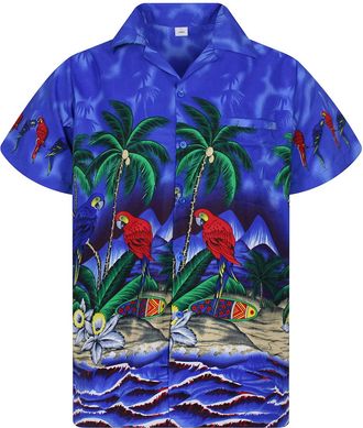 V.H.O. Funky Hawaiian Shirt Men Shortsleeve Frontpocket Hawaiian-Print Parrot Flowers, Darkblue, Large
