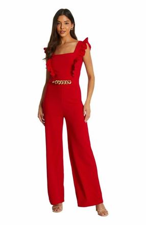Quiz Scuba Crepe Chain Front Frill Jumpsuit in Red at Nordstrom, Size 12