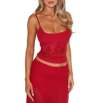 Tiger Mist Octavia Floral Embellished Mesh Camisole in Red at Nordstrom, Size Xx-Small