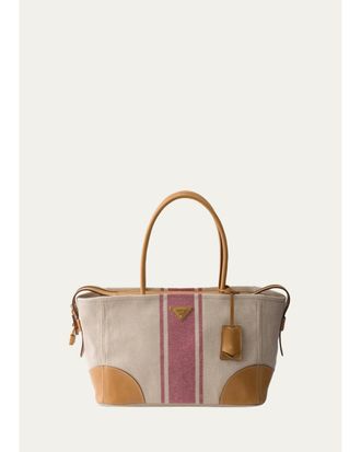 Prada Striped Canvas Leather-Trim Tote Bag